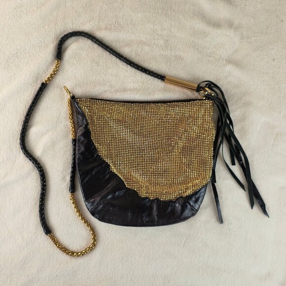 Foley + Corinna Black Leather & Gold Chanimail Crossbody Bag Purse Evening Bling - Picture 7 of 7